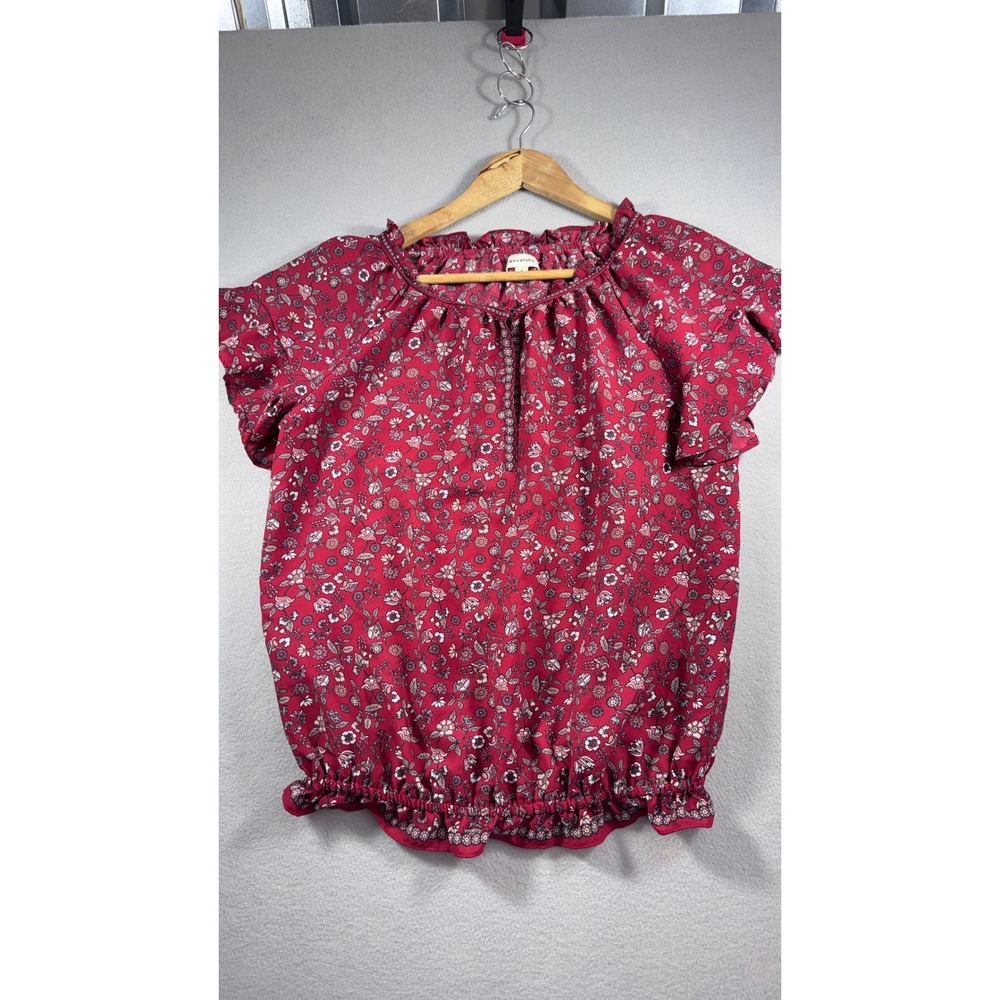 Max Studio Red Floral Flutter Sleeve Smocked Hem Blouse Small
